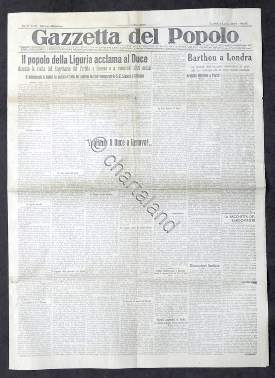 Giornale - Gazzetta del Popolo N. 161 Mer. Popolo Liguria …