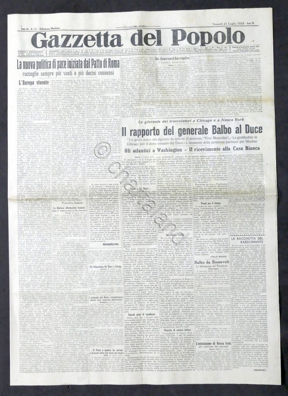 Giornale - Gazzetta del Popolo N. 172 Nuova politica pace …