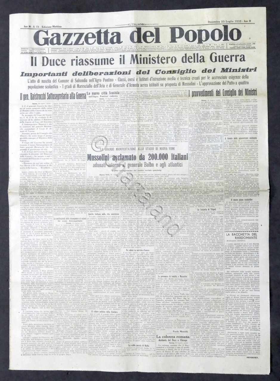 Giornale - Gazzetta del Popolo N. 174 Duce riassume Ministero …