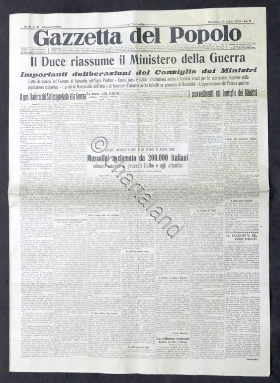 Giornale - Gazzetta del Popolo N. 174 Duce riassume Ministero …