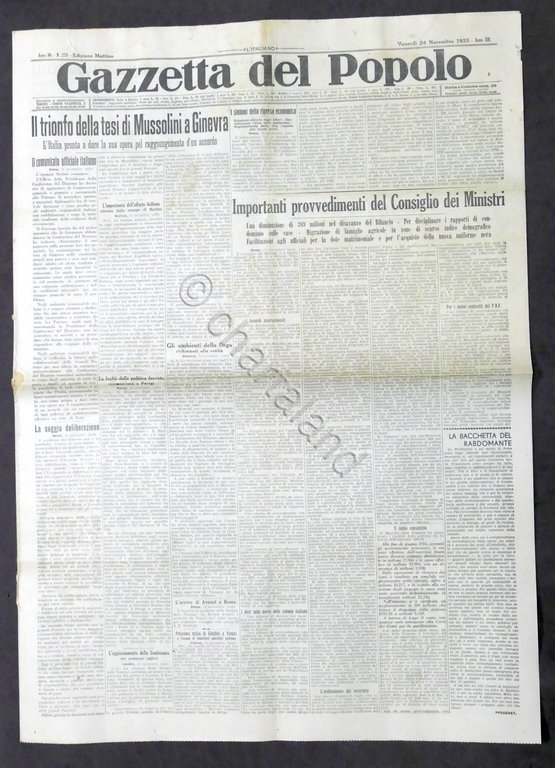 Giornale - Gazzetta del Popolo N. 279 - Trionfo tesi di Mussolini a Ginevra 1933