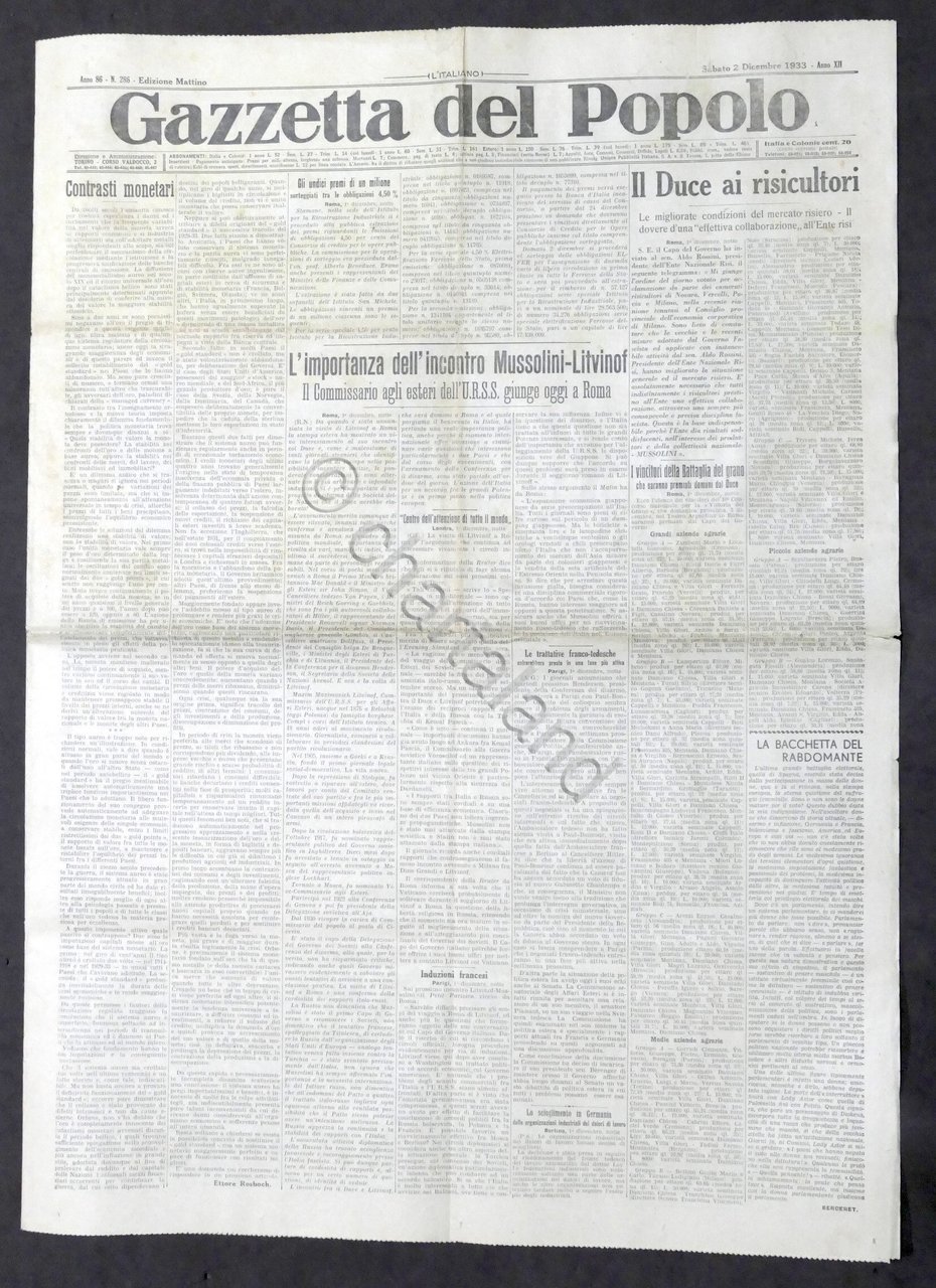 Giornale - Gazzetta del Popolo N. 286 - Incontro Mussolini …