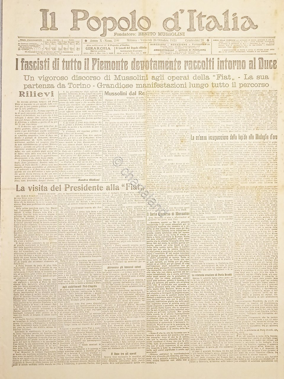 Giornale - Il Popolo d'Italia N.256 Fascisti di Piemonte 1923