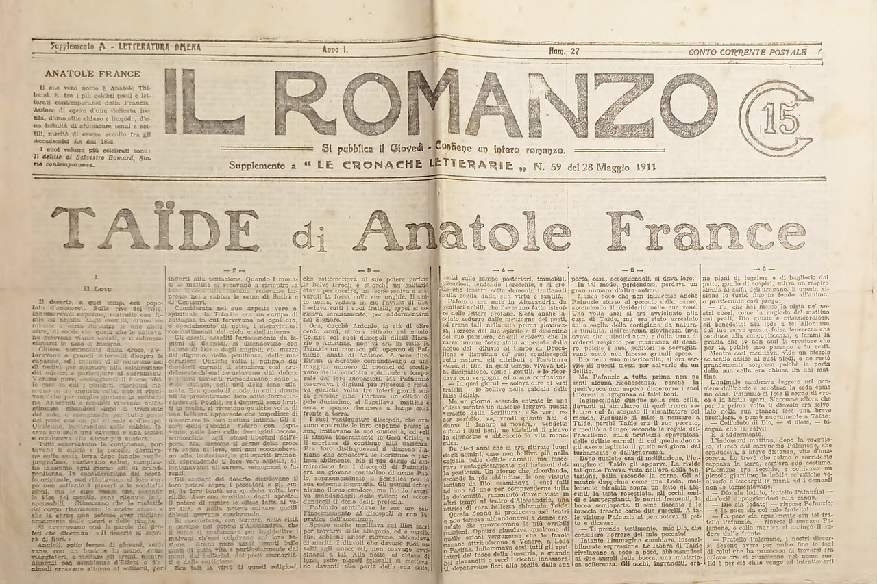 Giornale - Il Romanzo N. 27 - 1911 Taide di …