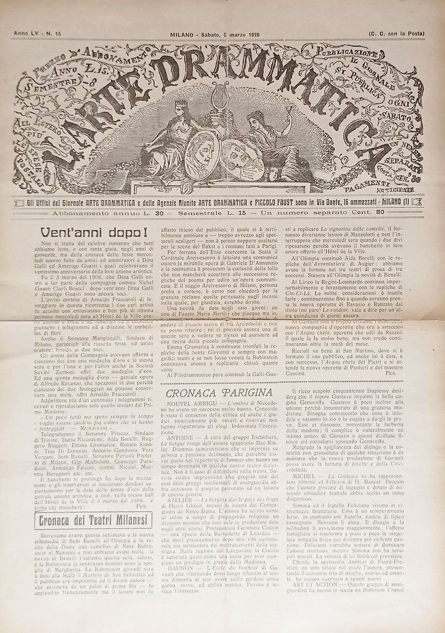 Giornale - L'Arte Drammatica N. 15 - 1926 Cronaca dei … | Immagine principale