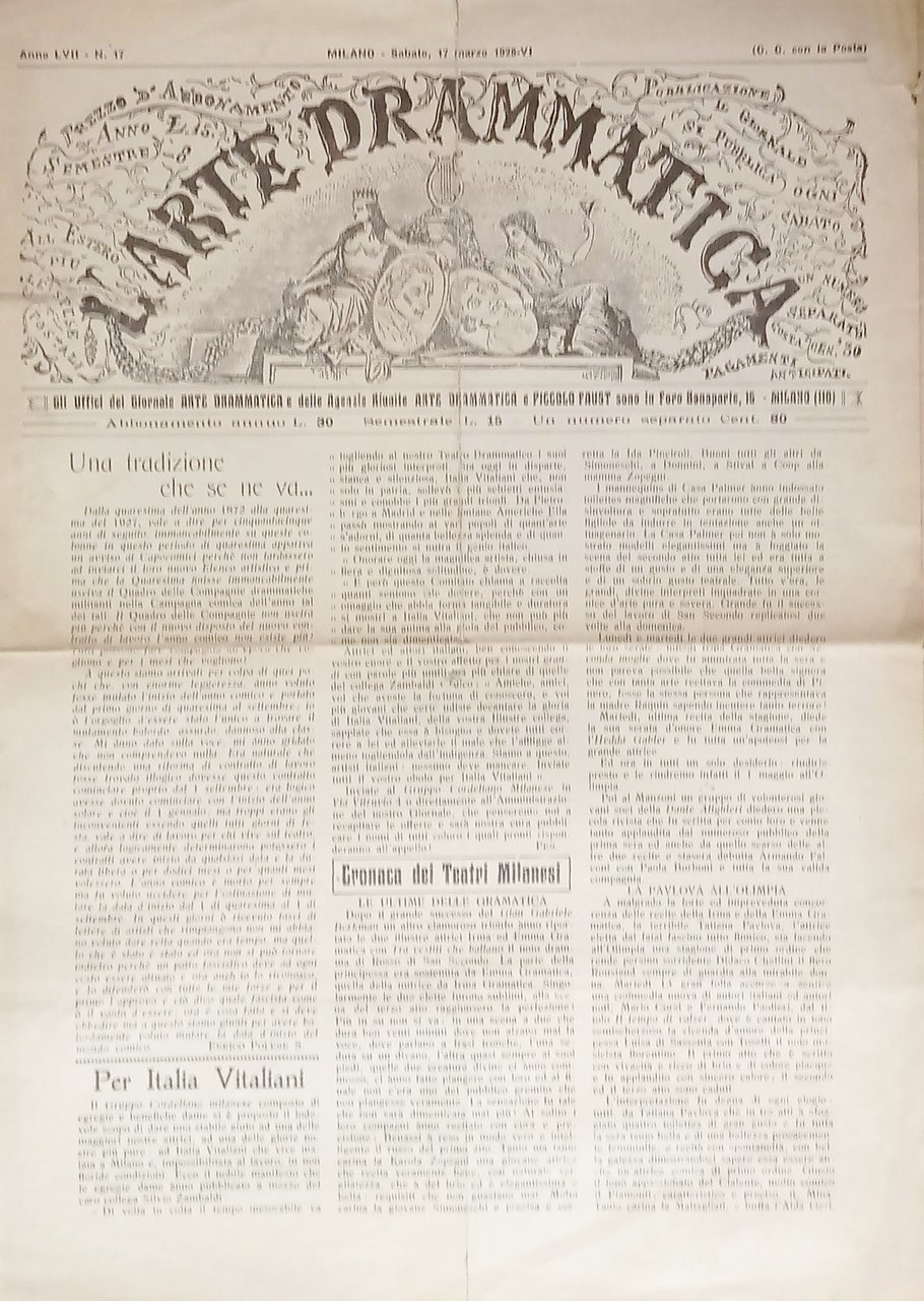 Giornale - L'Arte Drammatica N. 17 - 1928 Per Italia …