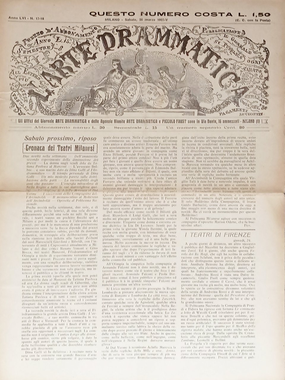 Giornale - L'Arte Drammatica N. 17-18 - 1927 Cronaca dei … | Immagine principale