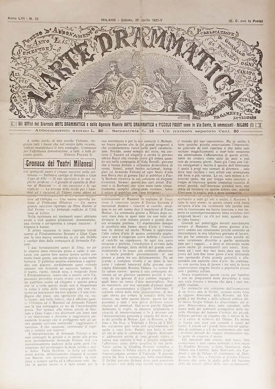 Giornale - L'Arte Drammatica N. 22 - 1927 Cronaca dei … | Immagine principale