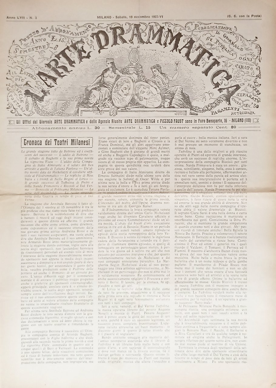Giornale - L'Arte Drammatica N. 3 - 1927 Cronaca dei … | Immagine principale