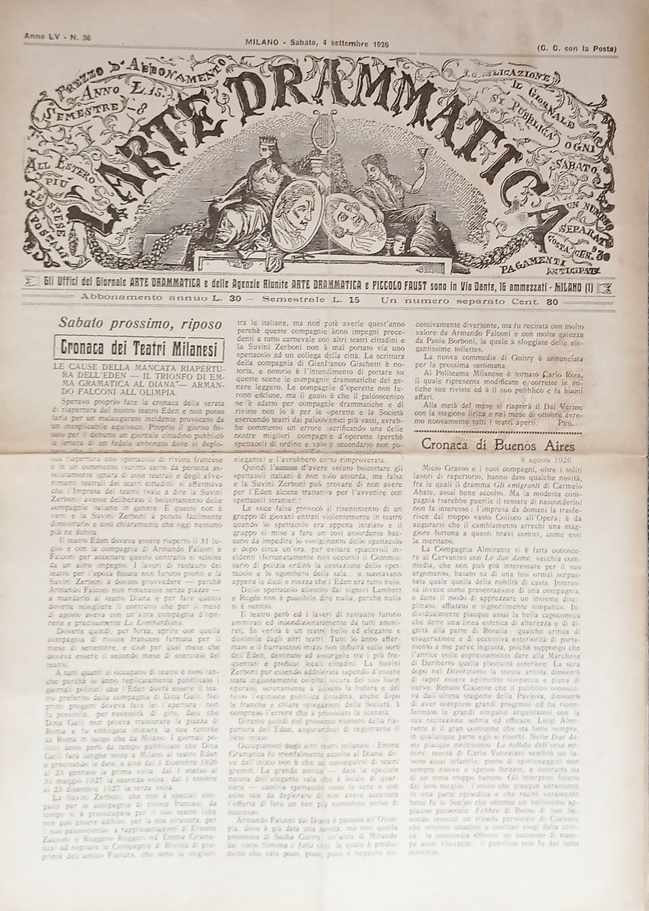 Giornale - L'Arte Drammatica N. 36 - 1927 Cronaca di …