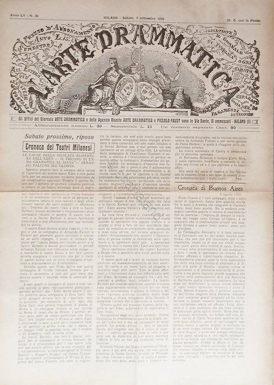 Giornale - L'Arte Drammatica N. 36 - 1927 Cronaca di …