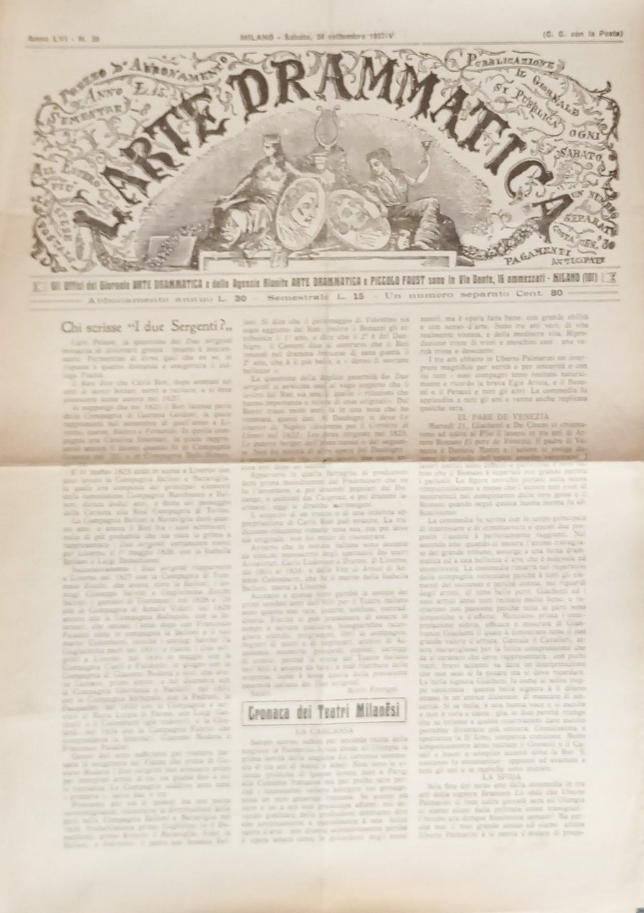 Giornale - L'Arte Drammatica N. 38 - 1927 Cronaca dei … | Immagine principale