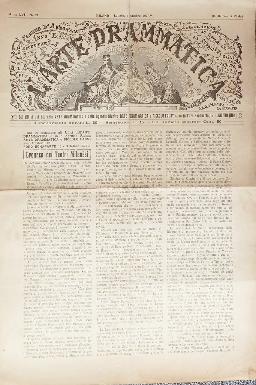 Giornale - L'Arte Drammatica N. 39 - 1927 Cronaca dei …