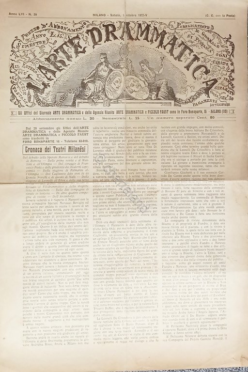 Giornale - L'Arte Drammatica N. 39 - 1927 Cronaca dei …
