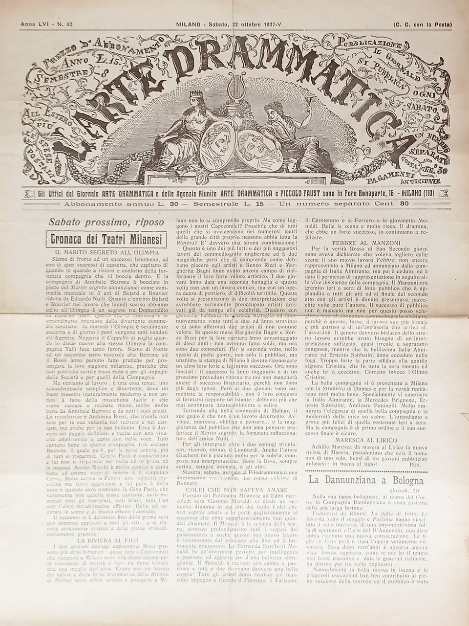 Giornale - L'Arte Drammatica N. 42 - 1927 La Dannunziana …