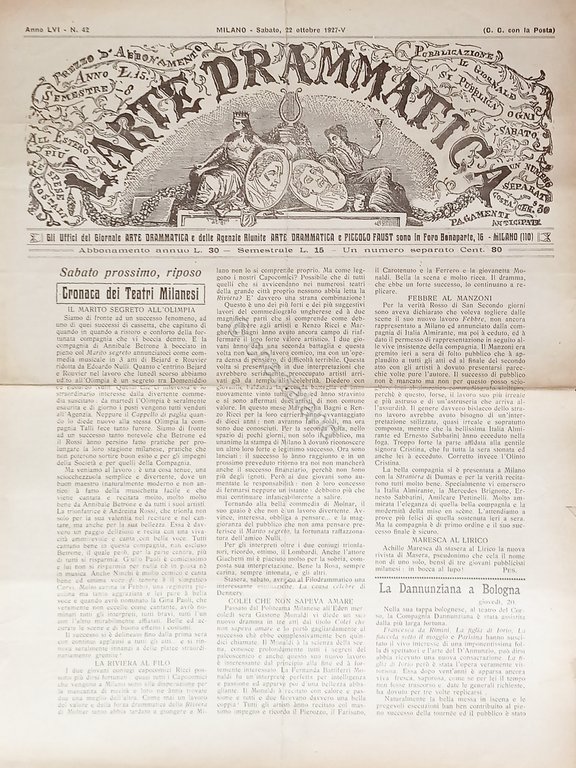 Giornale - L'Arte Drammatica N. 42 - 1927 La Dannunziana …