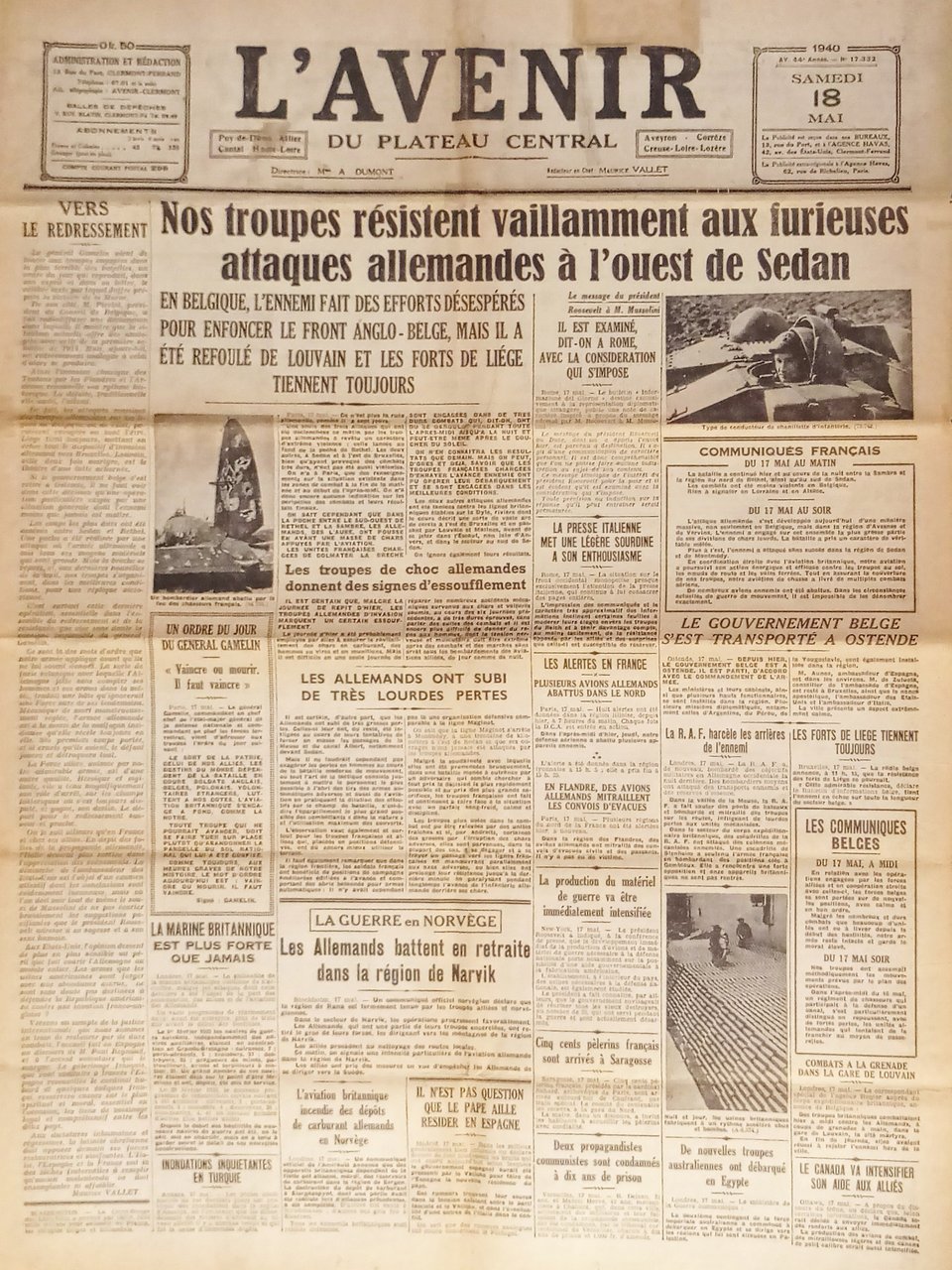 Giornale - L'Avenir N. 17.332 - 1940 Attaques allemandes à … | Immagine principale