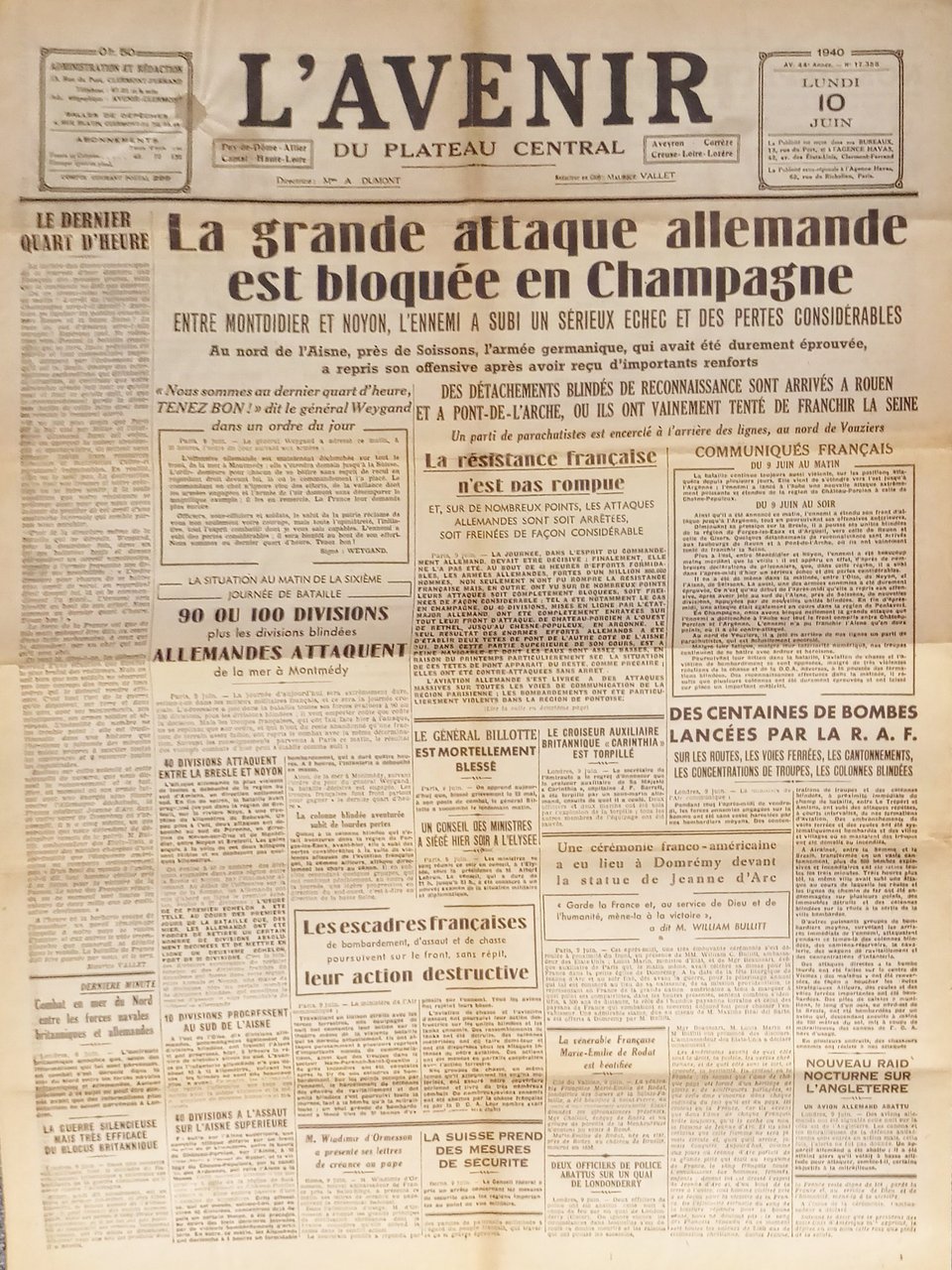 Giornale - L'Avenir N.17.355 - 1940 Attaque allemande est bloquée … | Immagine principale