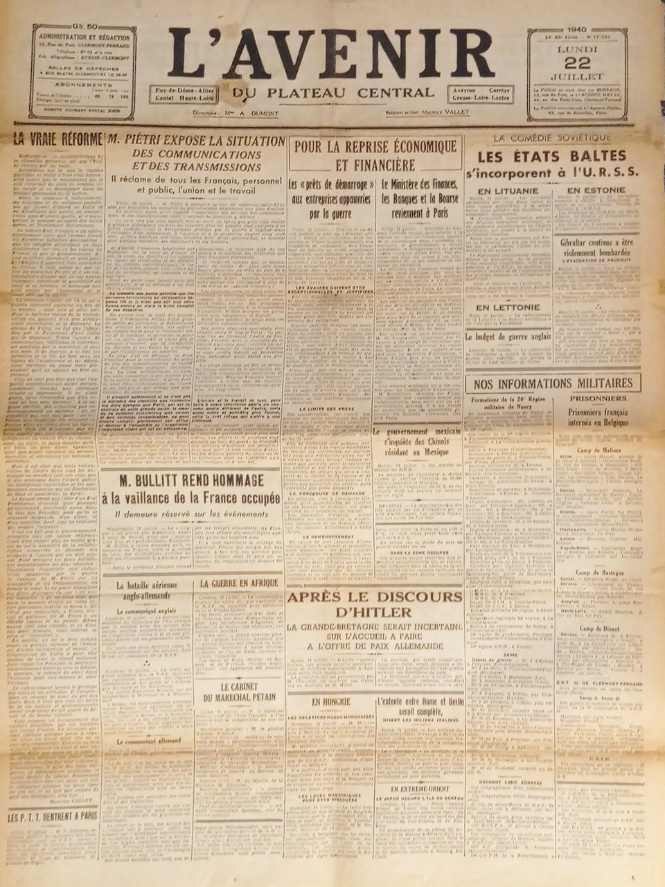 Giornale - L'Avenir N. 17.391 - 1940 Les états Baltes … | Immagine principale