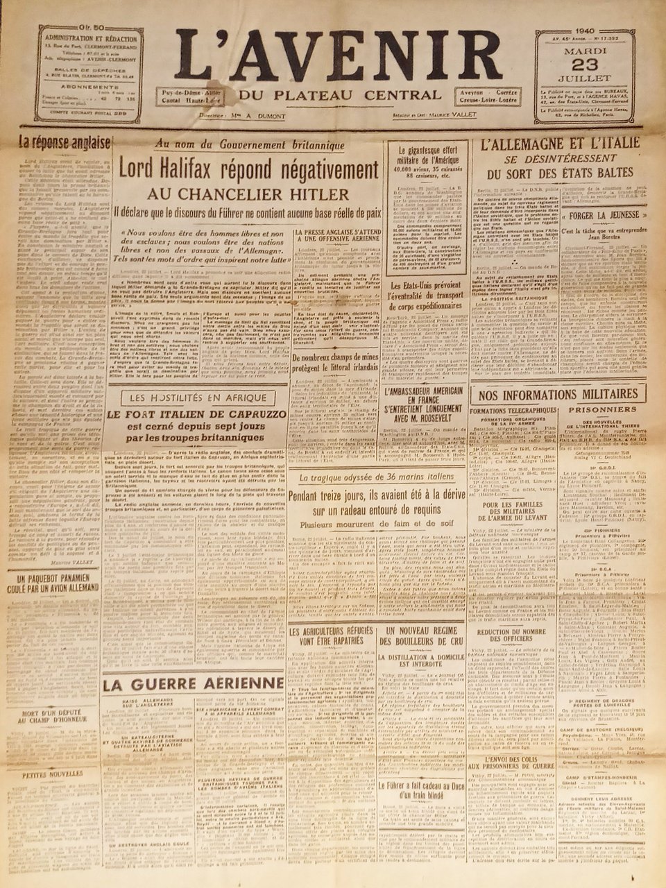 Giornale - L'Avenir N. 17.392 - 1940 Lord Halifax répond … | Immagine principale