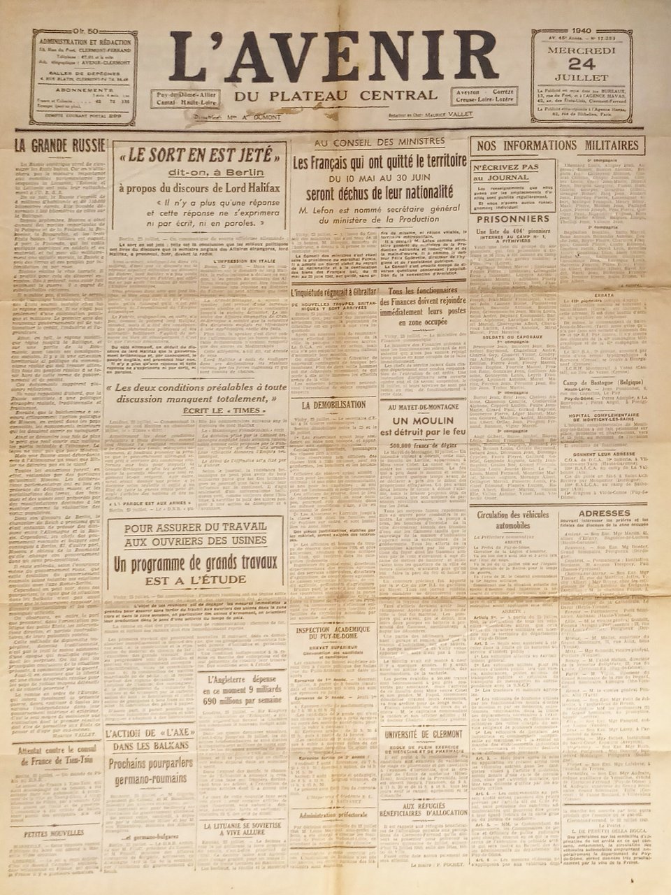 Giornale - L'Avenir N. 17.393 - 1940 Les Francais qui … | Immagine principale