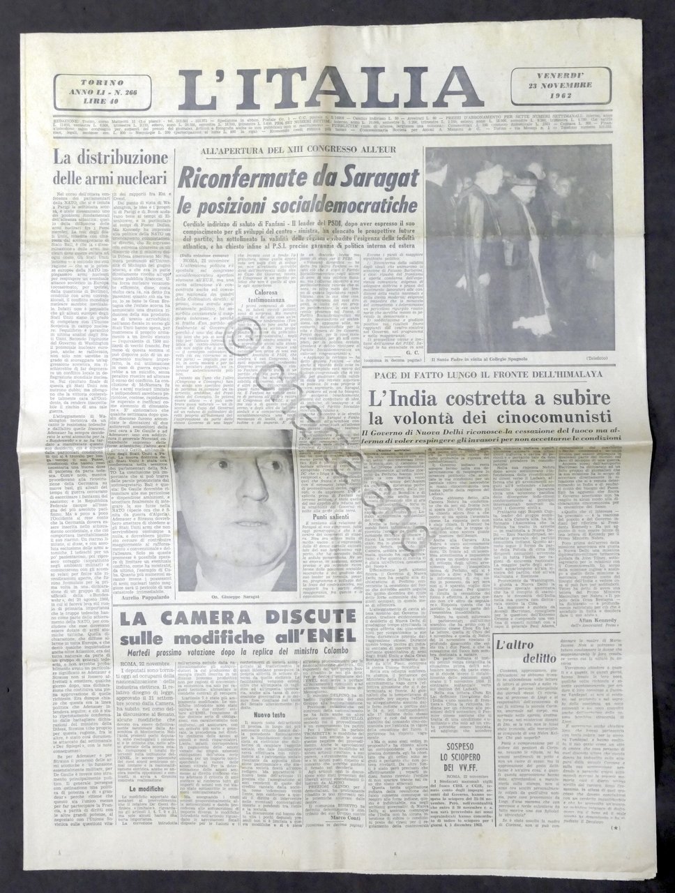 Giornale - L'Italia N.266 Riconfermate Saragat posizioni socialdemocratiche 1962