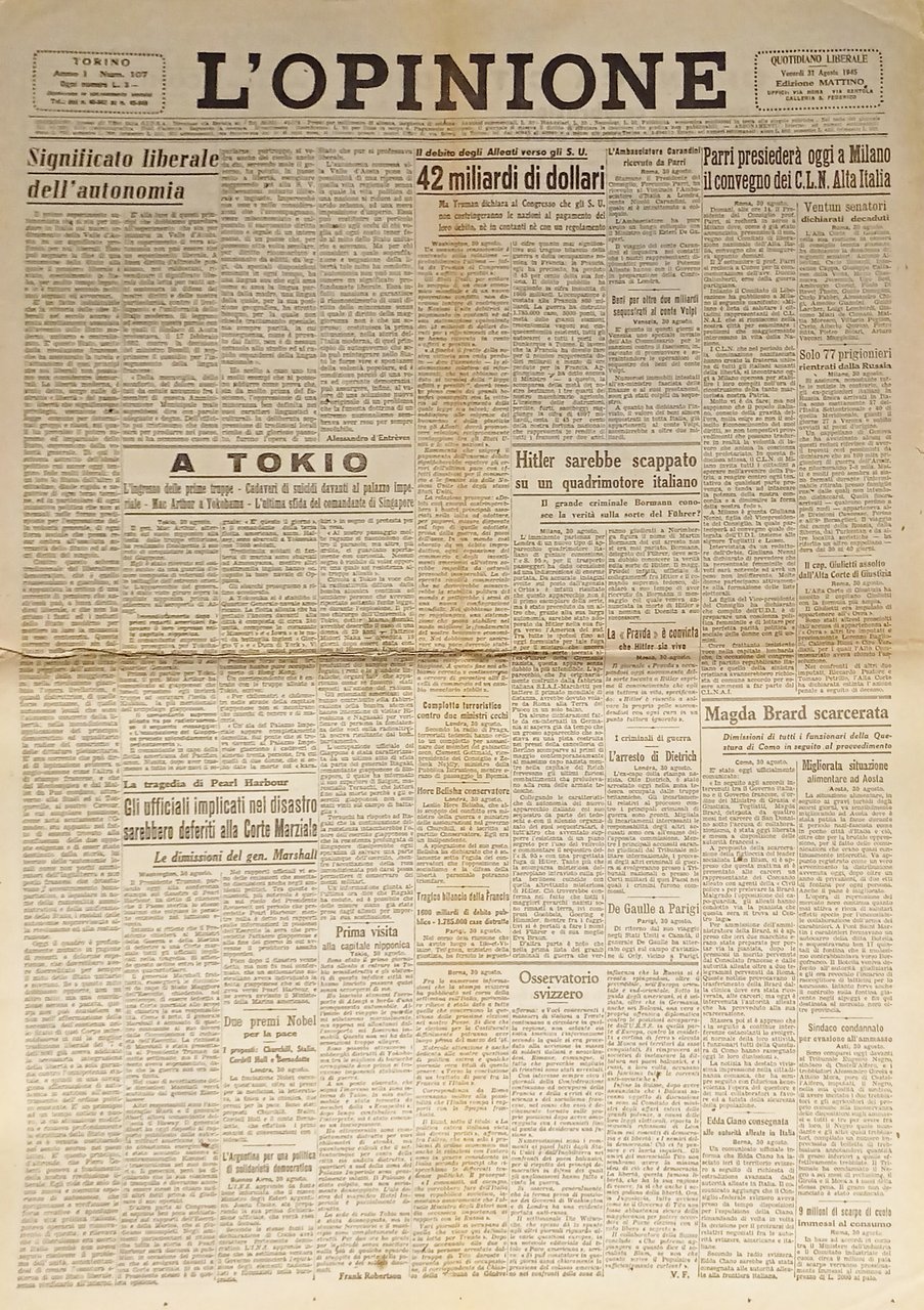 Giornale - L'Opinione N. 107 - 1945 Hitler sarebbe scappato … | Immagine principale