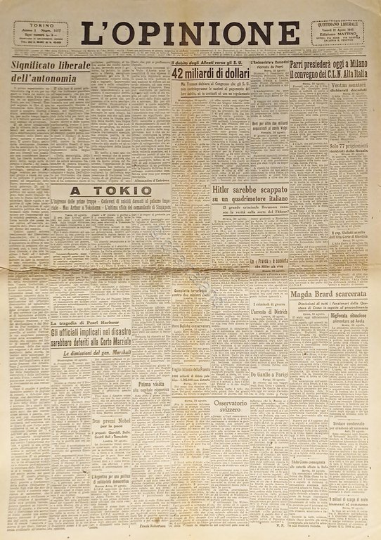 Giornale - L'Opinione N. 107 - 1945 Hitler sarebbe scappato … | Immagine Gallery 2