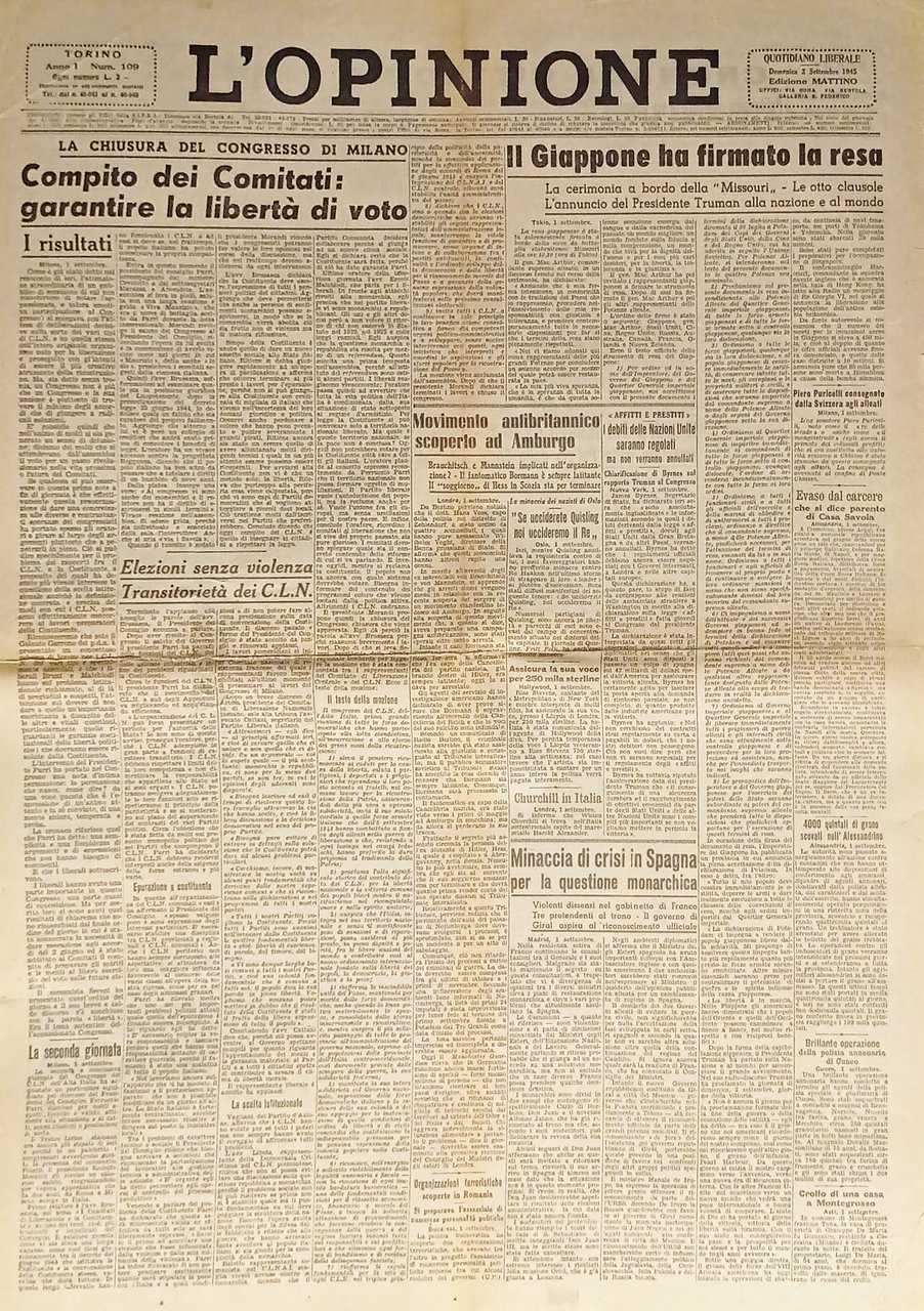 Giornale - L'Opinione N. 109 - 1945 Il Giappone ha … | Immagine principale