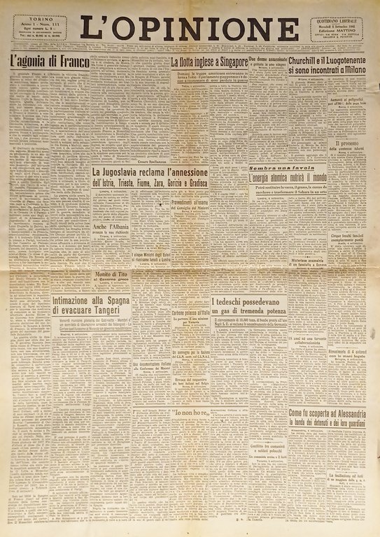 Giornale - L'Opinione N. 111 - 1945 La Jugoslavia reclama l'annessione Istria