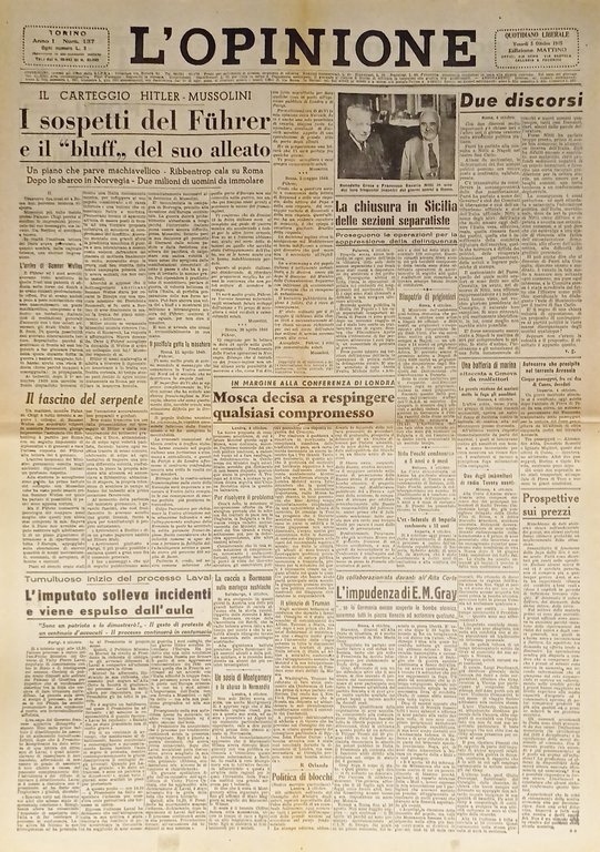 Giornale - L'Opinione N. 137 - 1945 Sospetti del Fuhrer e bluff del suo alleato
