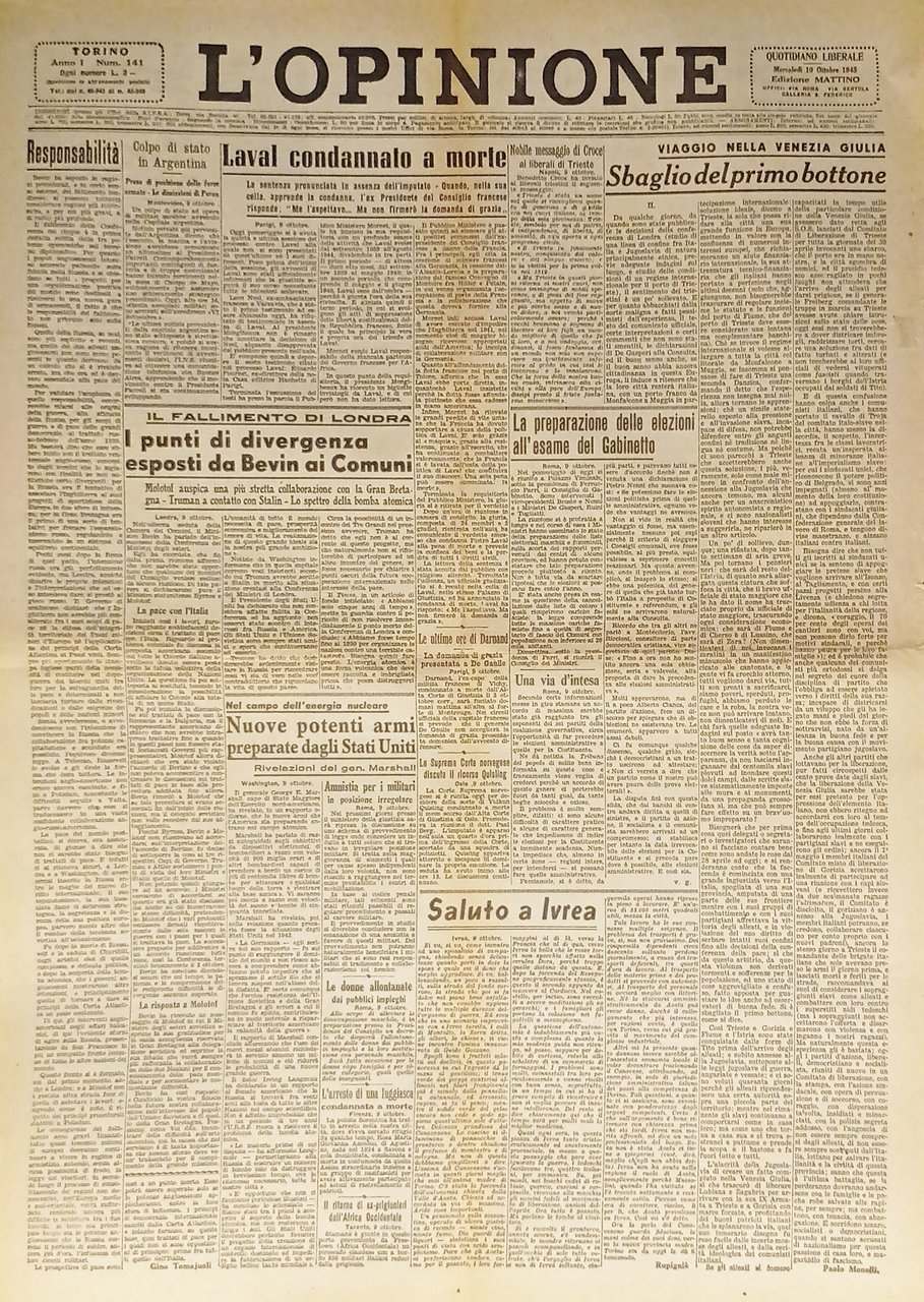 Giornale - L'Opinione N. 141 - 1945 Laval condannato a … | Immagine principale