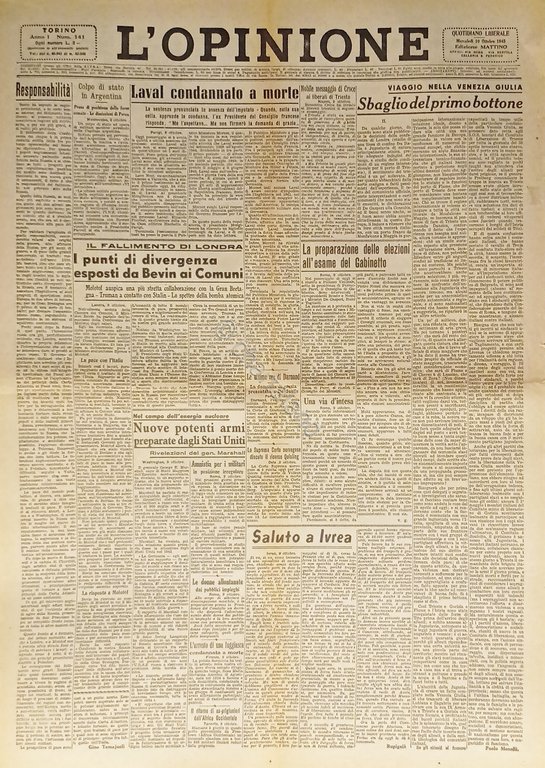 Giornale - L'Opinione N. 141 - 1945 Laval condannato a … | Immagine Gallery 2