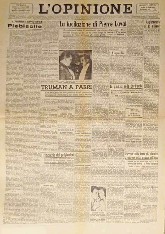 Giornale - L'Opinione N. 146 - 1945 La fucilazione di Pierre Laval