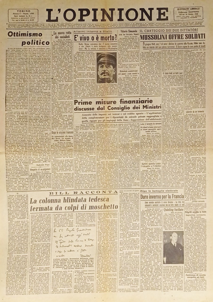 Giornale - L'Opinione N. 154 - 1945 Prime misure finanziarie | Immagine principale