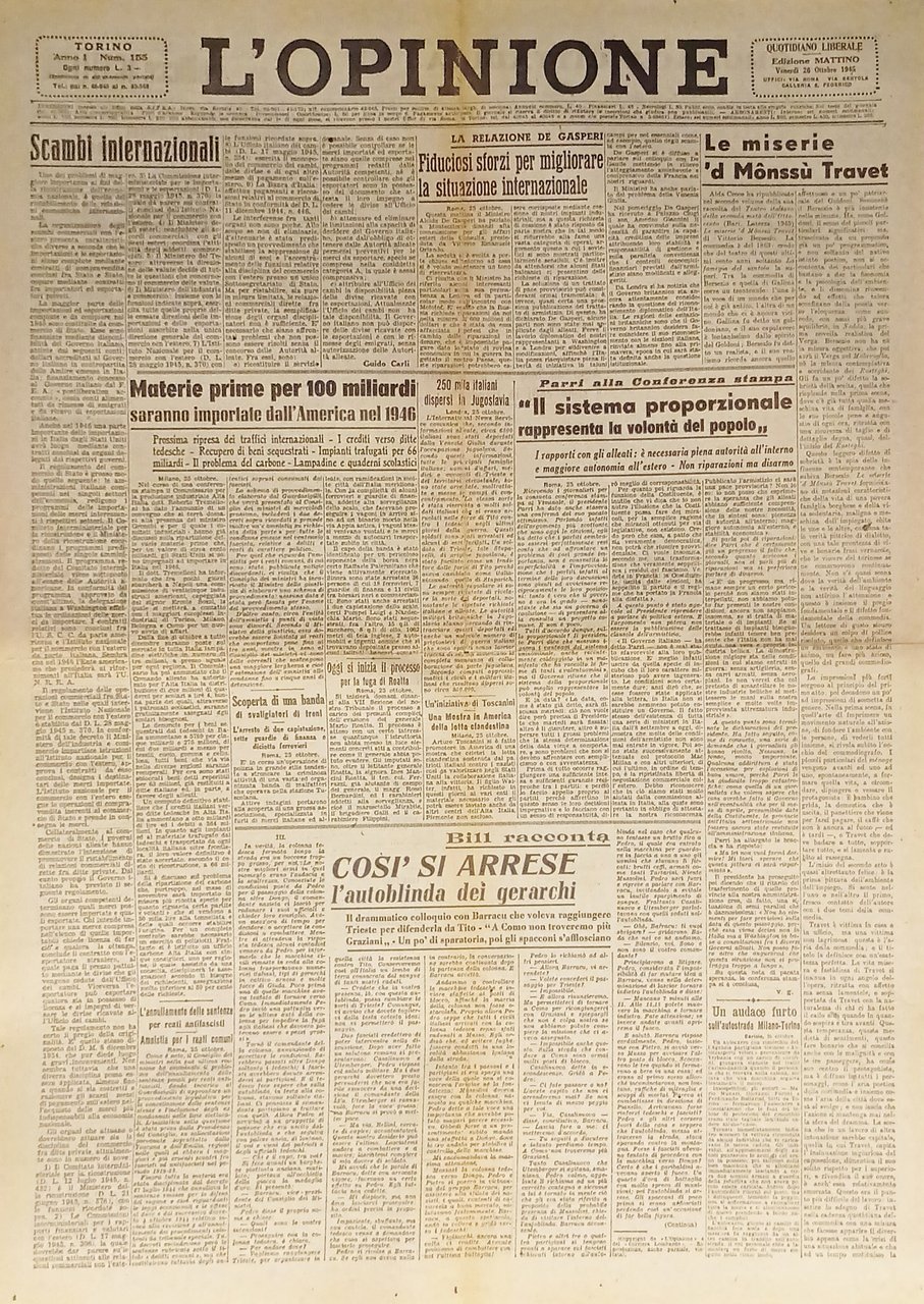 Giornale - L'Opinione N. 155 - 1945 La relazione De … | Immagine principale
