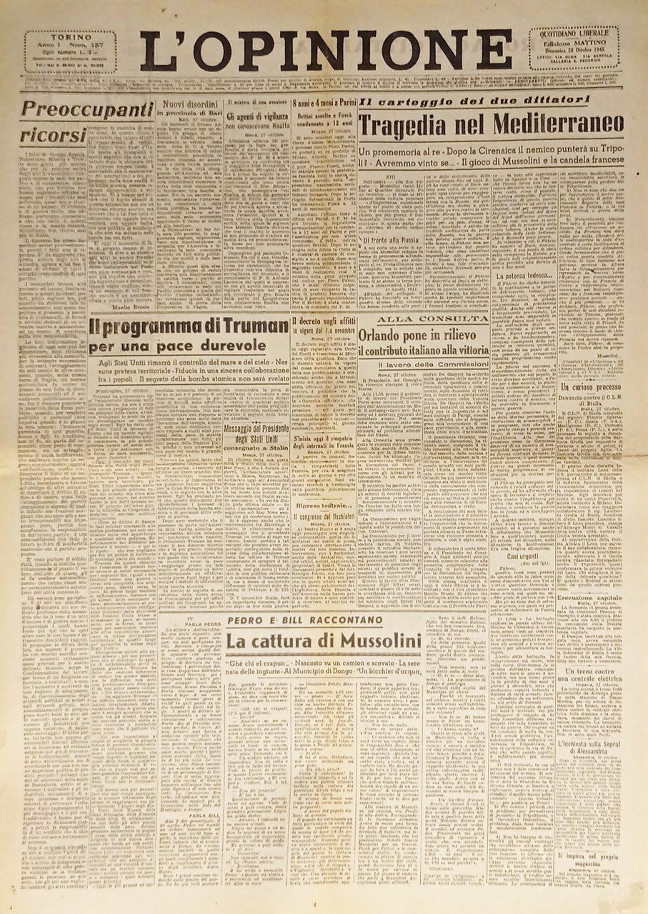 Giornale - L'Opinione N. 157 - 1945 Tragedia nel Mediterraneo | Immagine principale