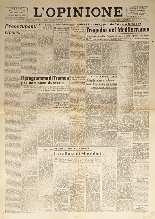 Giornale - L'Opinione N. 157 - 1945 Tragedia nel Mediterraneo