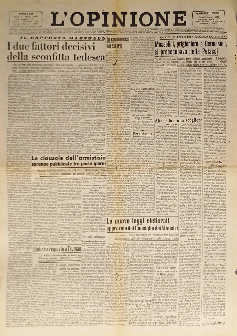 Giornale - L'Opinione N. 160 - 1945 Il Rapporto Marschall | Immagine principale