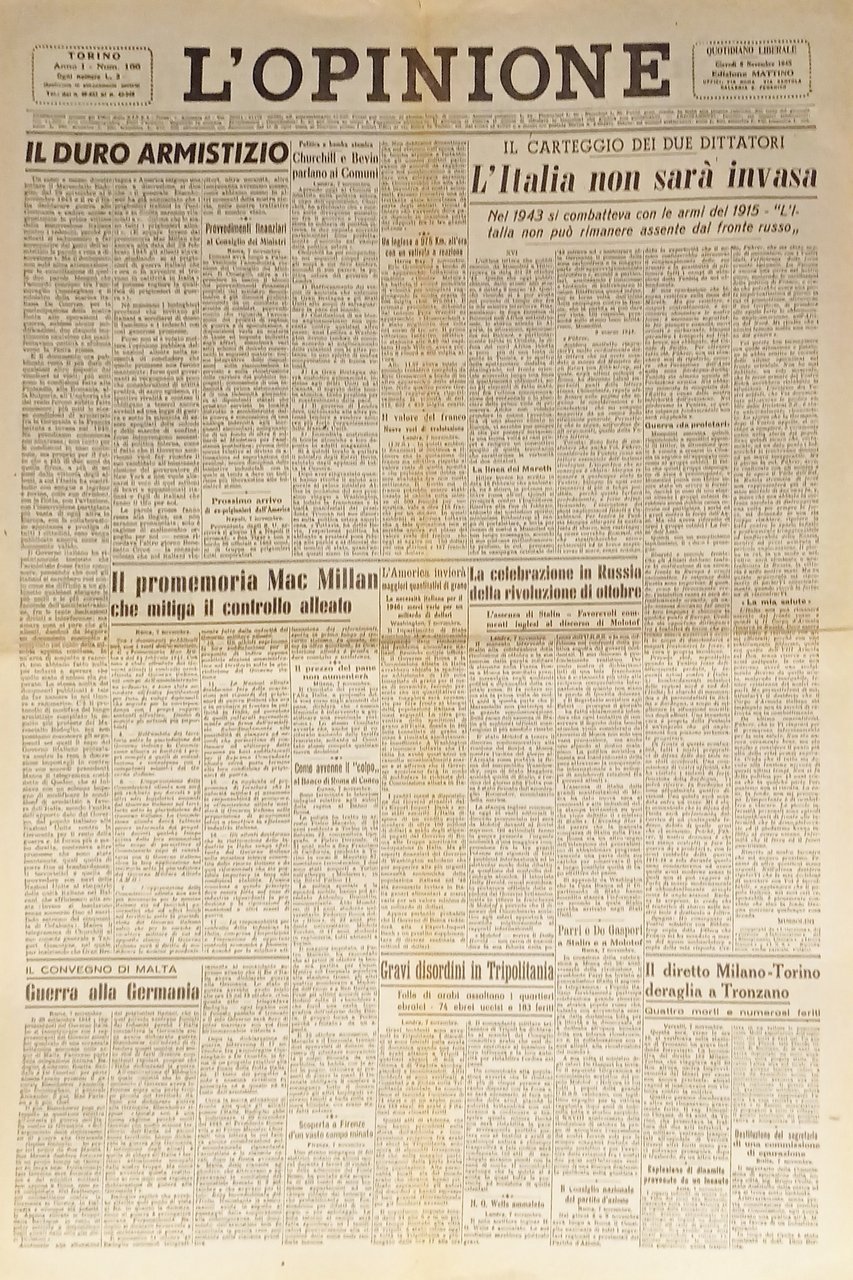 Giornale - L'Opinione N. 166 - 1945 L'Italia non sarà … | Immagine principale