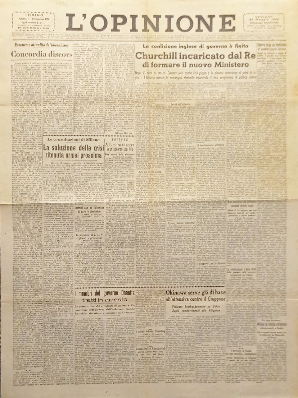 Giornale - L'Opinione N. 25 - 1945 Churchill incaricato dal … | Immagine principale