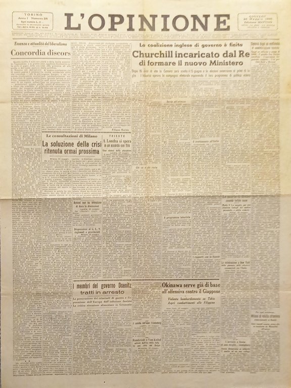 Giornale - L'Opinione N. 25 - 1945 Churchill incaricato dal Re formare Ministero