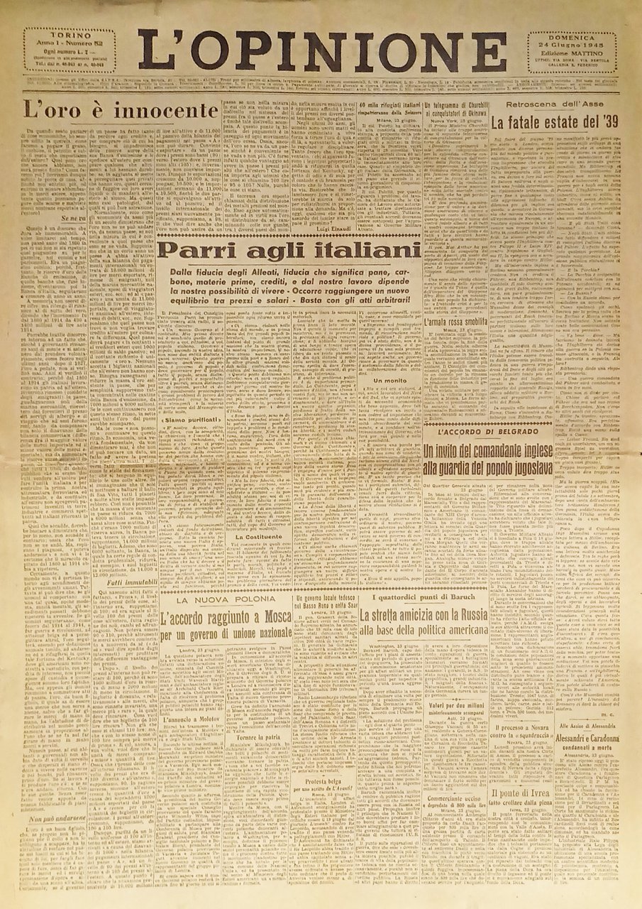 Giornale - L'Opinione N. 52 - 1945 Parri agli italiani | Immagine principale