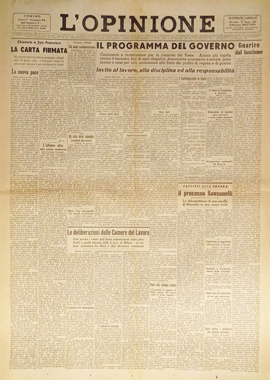Giornale - L'Opinione N. 54 - 1945 Il Programma del … | Immagine principale