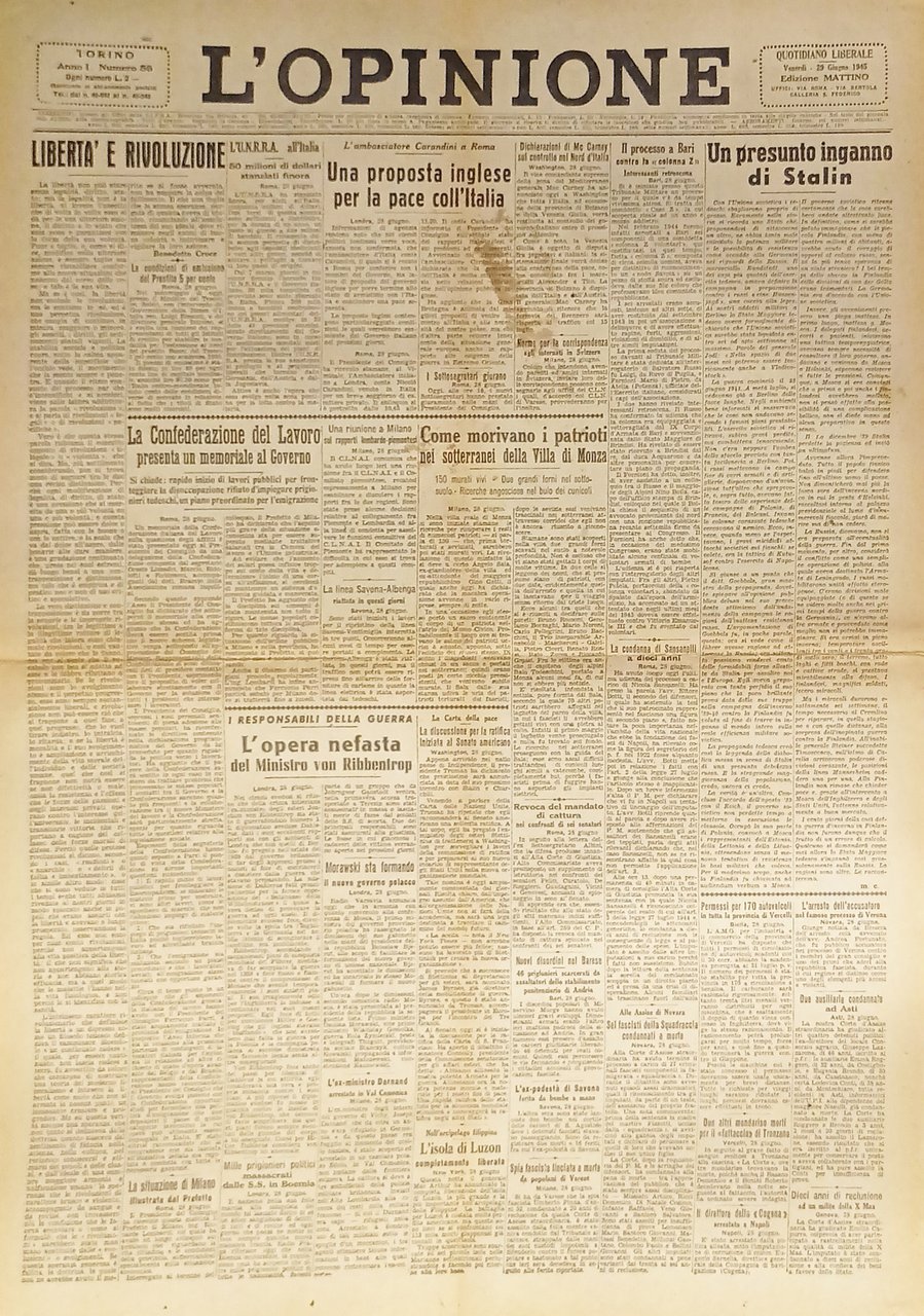 Giornale - L'Opinione N. 56 - 1945 Una proposta inglese … | Immagine principale