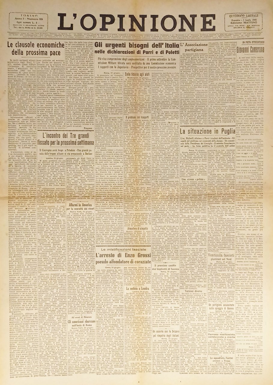 Giornale - L'Opinione N. 58 - 1945 Dichiarazioni di Parri … | Immagine principale