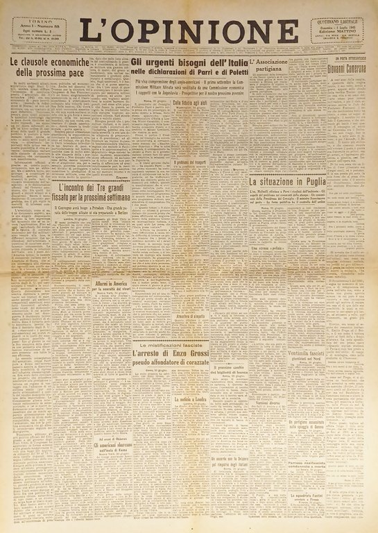 Giornale - L'Opinione N. 58 - 1945 Dichiarazioni di Parri e Poletti