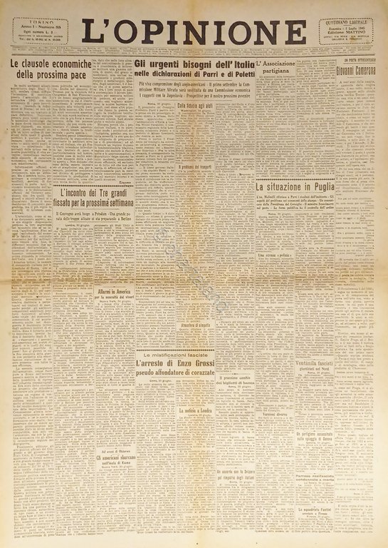 Giornale - L'Opinione N. 58 - 1945 Dichiarazioni di Parri … | Immagine Gallery 2