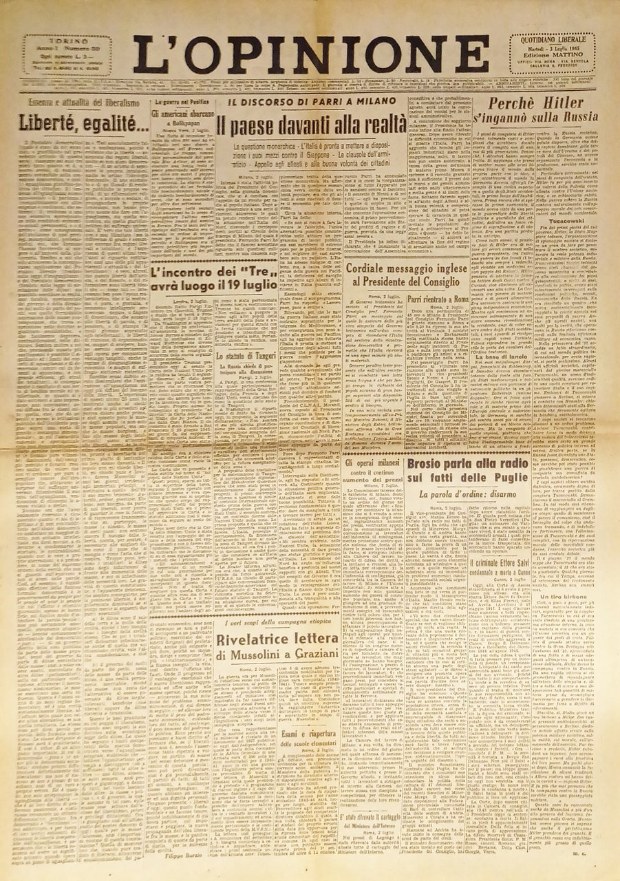 Giornale - L'Opinione N. 59 - 1945 Il discorso Parri … | Immagine principale