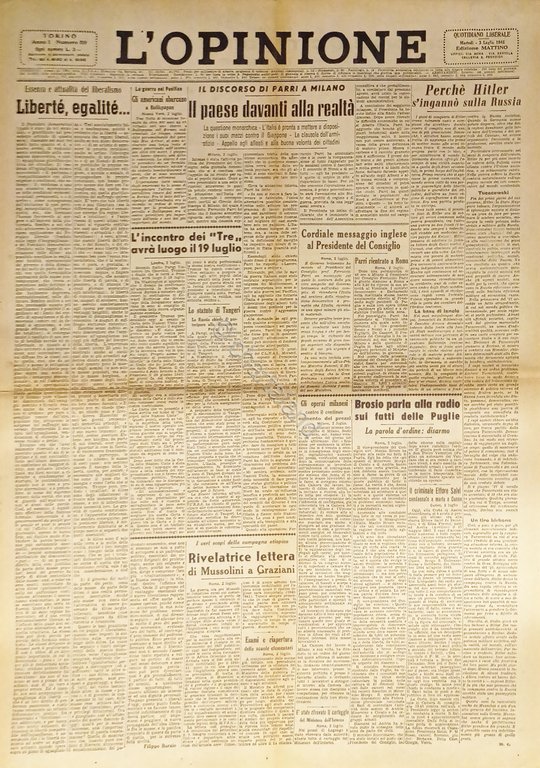 Giornale - L'Opinione N. 59 - 1945 Il discorso Parri … | Immagine Gallery 2